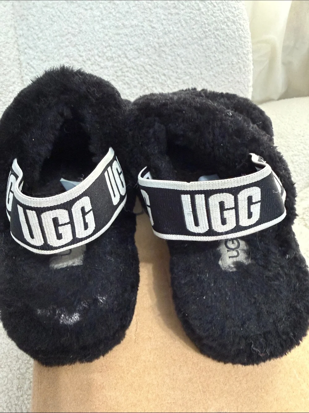 UGG Kids Black Fluff Slide Sandals with Logo Strap